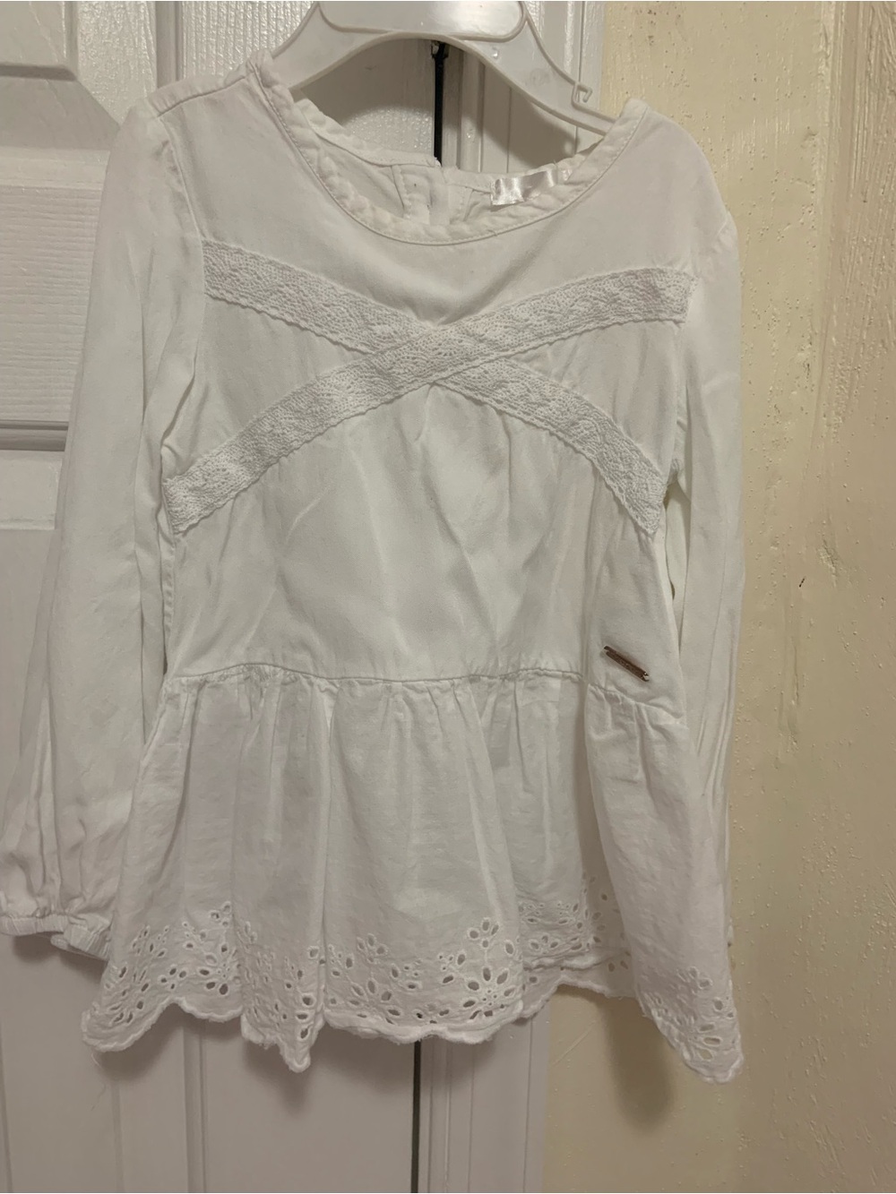 Tahari White Eyelet Lace Peplum Long-Sleeve Top - Girls